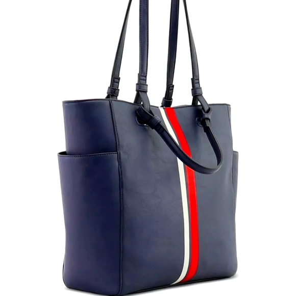 Alfani Handbags - Alfani Teklah Large Tote Blue Vegan Leather Red White Stripe Shoulder Bag Silver